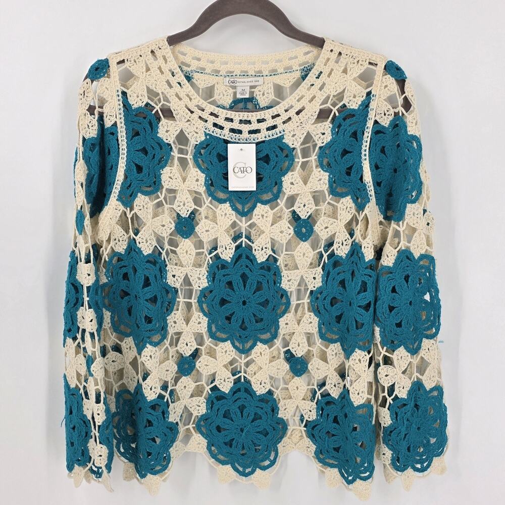 Cato Crochet Floral Women's M Boho Opn Knit Cream Turquois Liteweight Layer Top